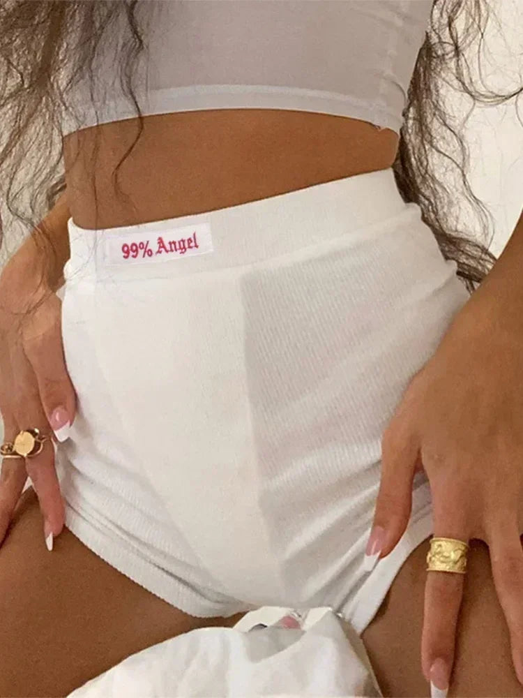 Shorts motard en tricot côtelé noir pour femmes, broderie lettre blanche, taille haute décontractée, style streetwear