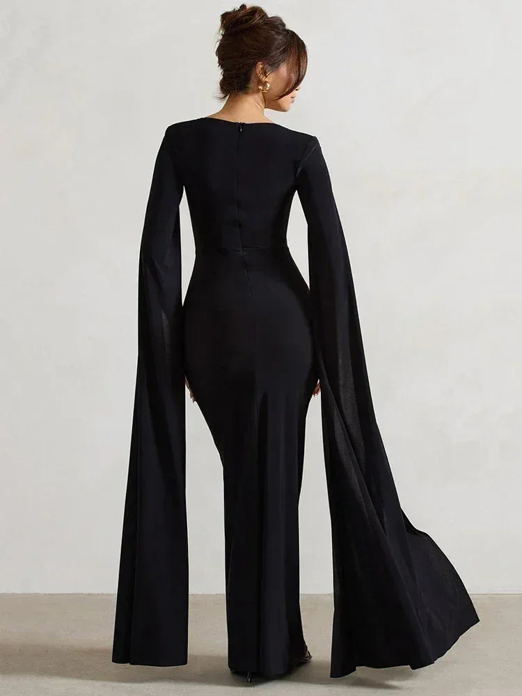 Mozision Robe longue fendue à manches cape pour femme, élégante robe de soirée longue à col carré, couleur unie, nouvelle collection