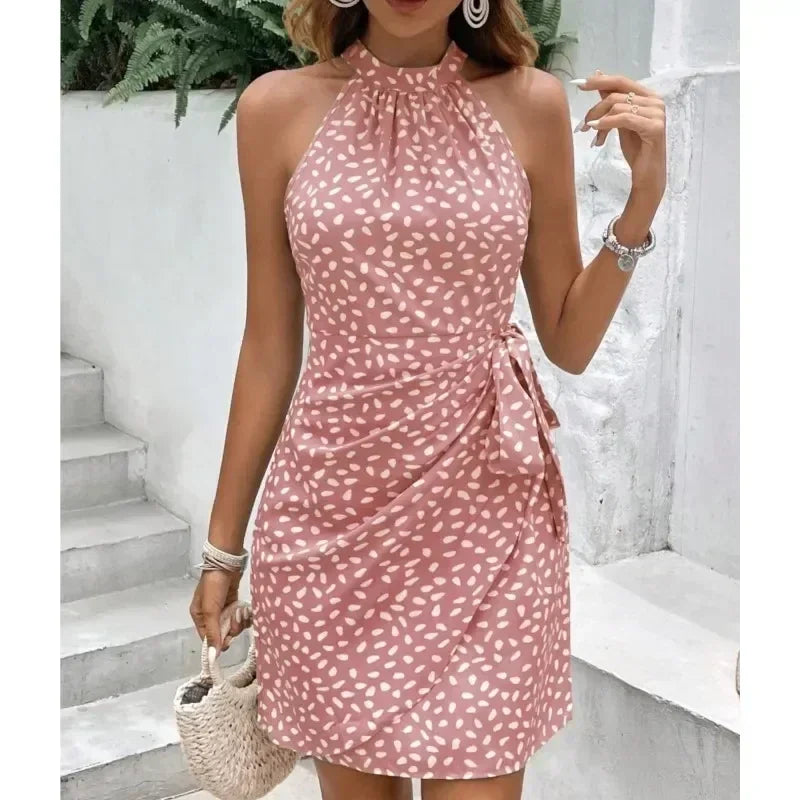Robe courte plissée florale sans manches à fermeture éclair et col suspendu pour femmes, sexy et décontractée, mini-robe à lacets, Vestidos