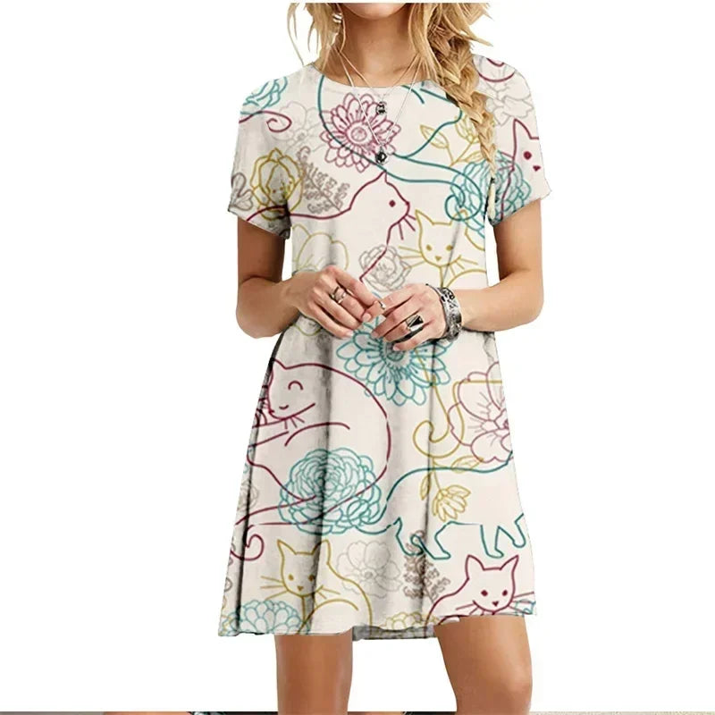 Robe imprimée chats peints, manches courtes, style kawaii pour femme, collection été 2022, col rond, décontractée, ample