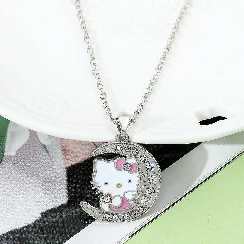 Parure de bijoux tendance incrustés de strass, motif dessin animé mignon Hello Kitty, 2 pièces/ensemble, convient pour le quotidien, idéal comme
