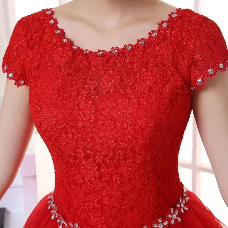 Robe de mariée grande taille, photo réelle, rouge, blanche pure, dentelle, col rond, paillettes, robes de mariée pas cher, robes de princesse, HS587