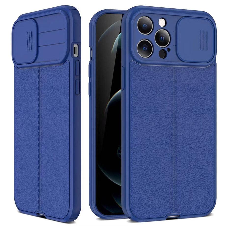 Étui de téléphone antichoc en cuir de luxe noir pour iPhone 13 12 11 14 Pro Max XR X XSMax 14, protection d'objectif d'appareil photo, coque arrière souple, étui fin antichoc avec étui de caméra coulissant pour iPhone