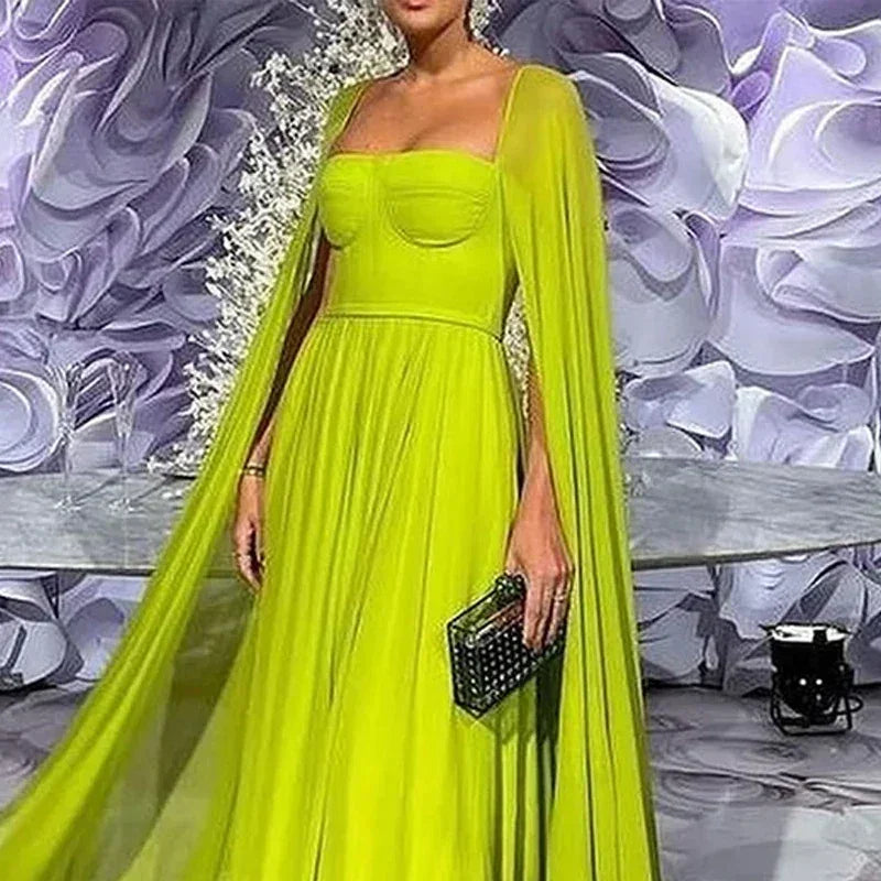 Wefads Robe longue maxi Femme Élégante Mode Unie Cape Manches longues Col carré Taille cintrée Dos nu Robe de soirée Streetwear