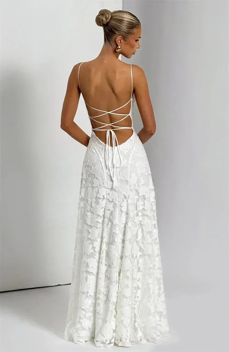 Mozision Robe longue sexy dos nu à fines bretelles pour femme, robe de soirée élégante épaules dénudées sans manches avec lacets pour club et soirée