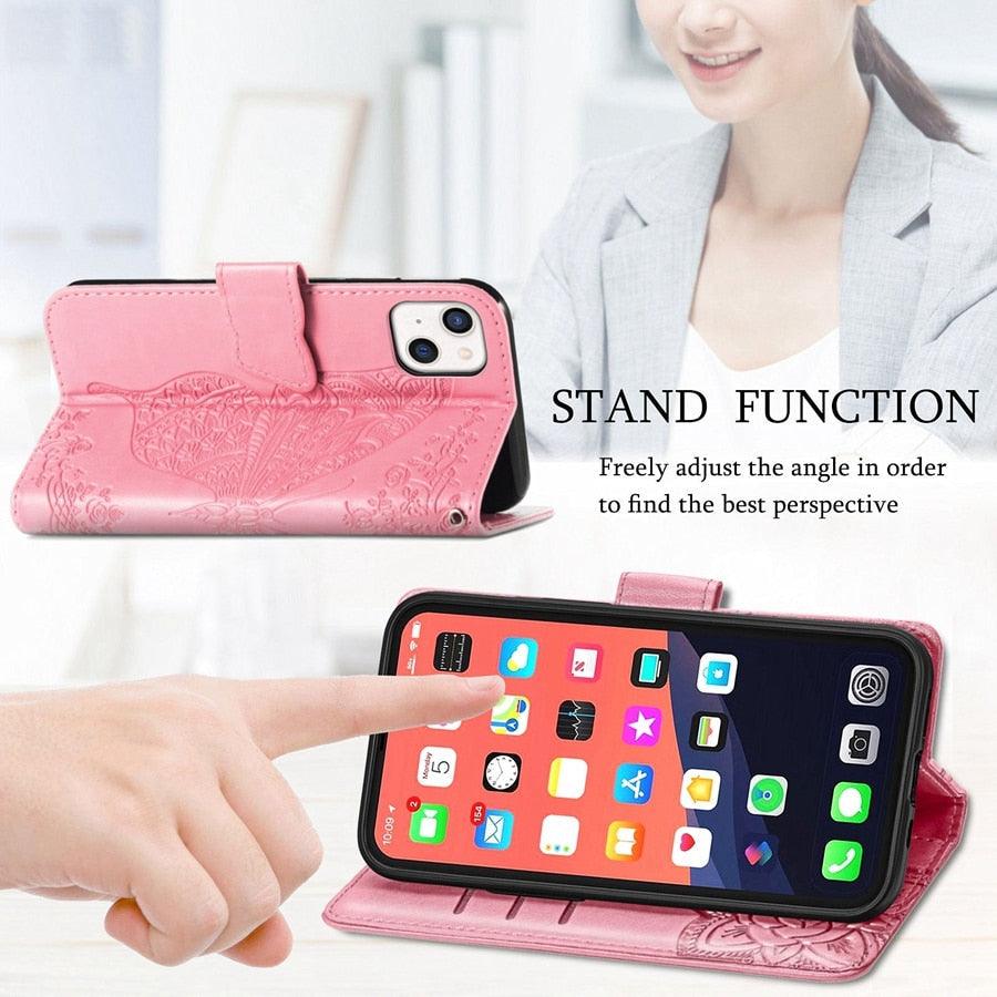 Étui Portefeuille de Luxe Rose Papillon Fleur pour iPhone 14 Pro Max 13 12 Classique Simple Cuir avec Porte-Cartes Béquille Dragonne Rabat pour iPhone