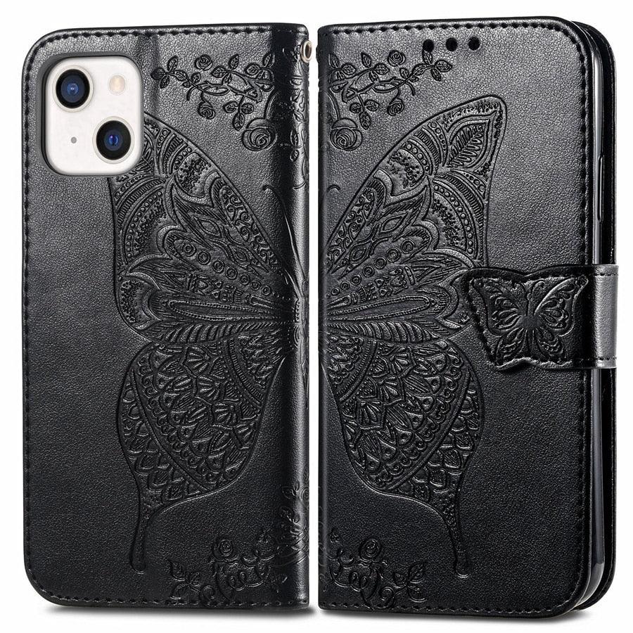 Étui Portefeuille de Luxe Rose Papillon Fleur pour iPhone 14 Pro Max 13 12 Classique Simple Cuir avec Porte-Cartes Béquille Dragonne Rabat pour iPhone