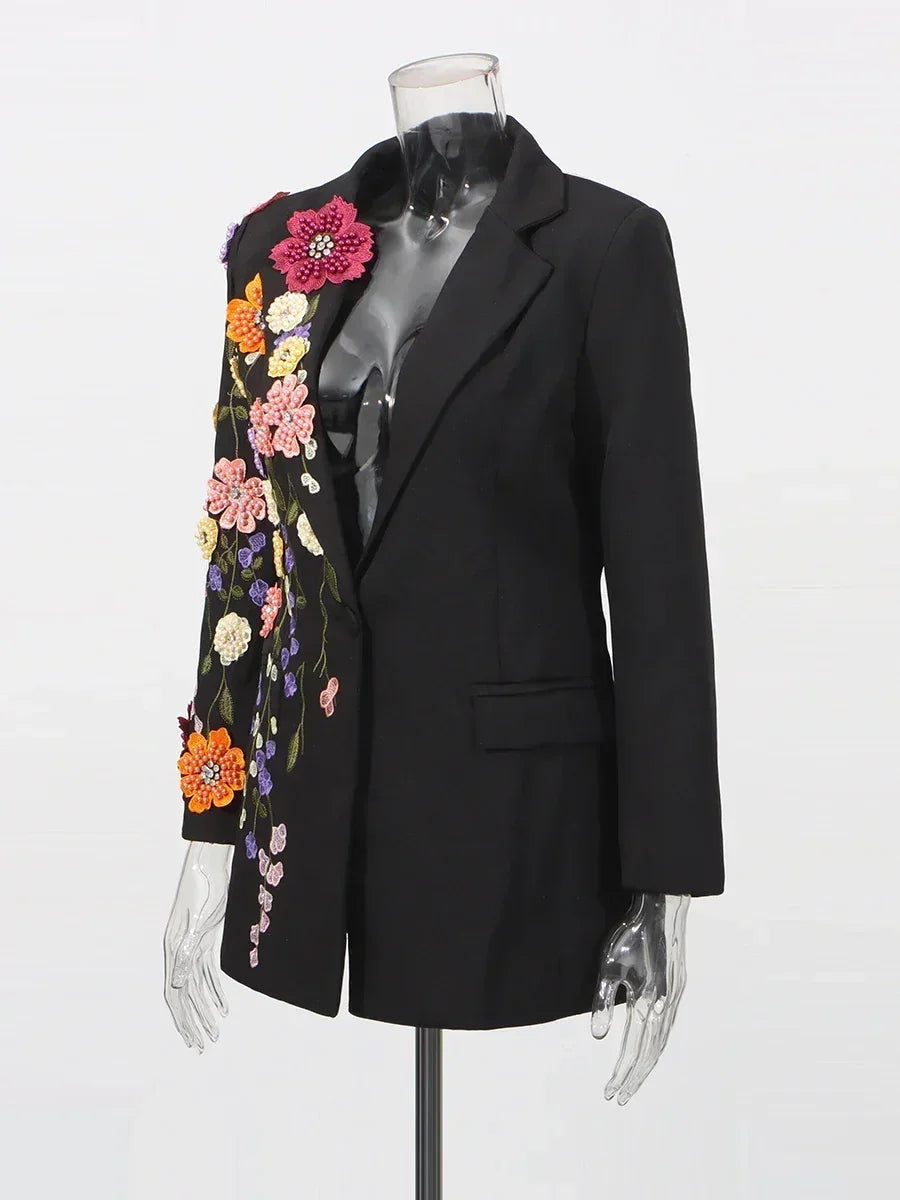 TWOTWINSTYLE Blazers tendance femme avec applications de couleur contrastée Revers Manches longues Patchwork Perles Blazer Femme de tempérament