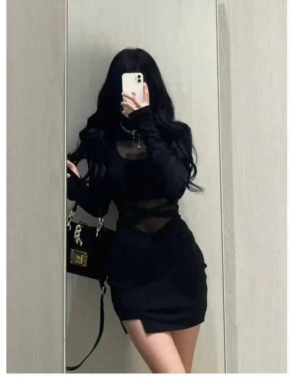 Robe trapue avec manches, nouvelle robe sexy noire à arêtes de poisson, robe moulante personnalisée pour femmes, gaze fine transparente enveloppant les fesses F8Q3