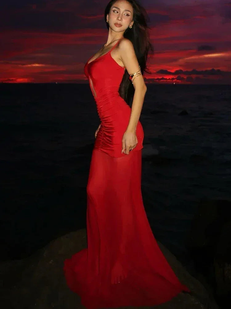Robe longue sexy et évidée pour femmes, col bas, épaules dénudées, dos nu, ourlet transparent en maille, tenue de vacances élégante pour la plage ou les soirées
