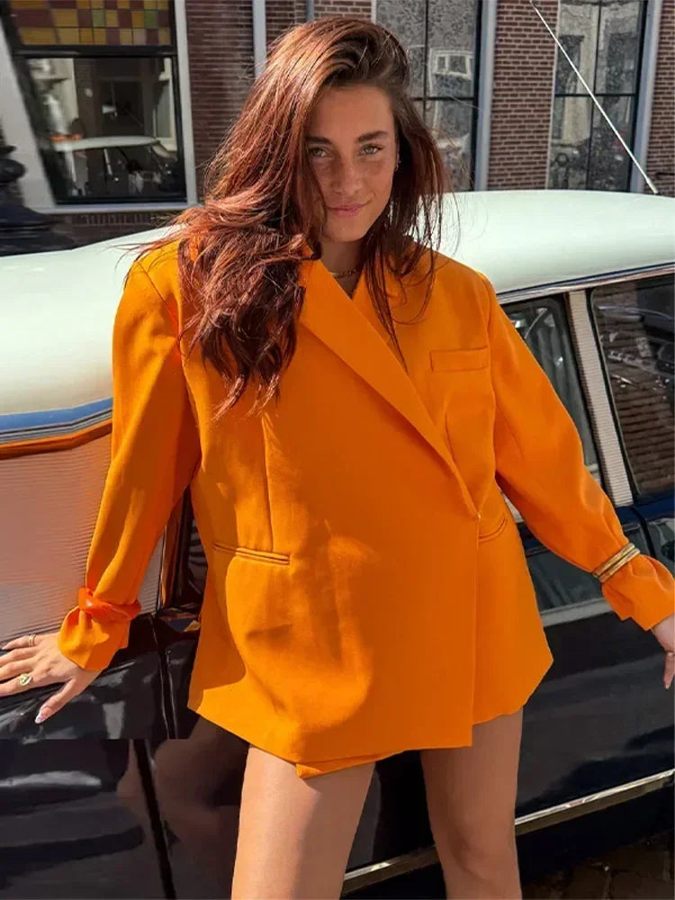 Veste de costume col V boutonnée sur le côté pour femme Manches longues couleur unie Manteaux Poignets poches Hauts oversize Vêtements féminins style urbain