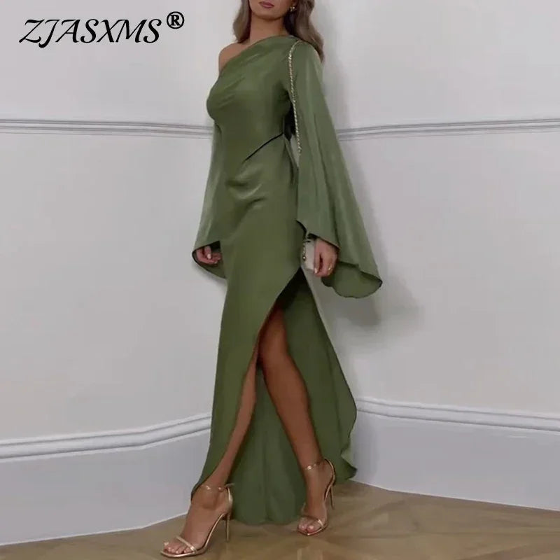 Robe sexy irrégulière unie à épaule oblique pour femme, robe longue élégante à col asymétrique sans dos, robes de soirée d'automne à manches évasées fendues