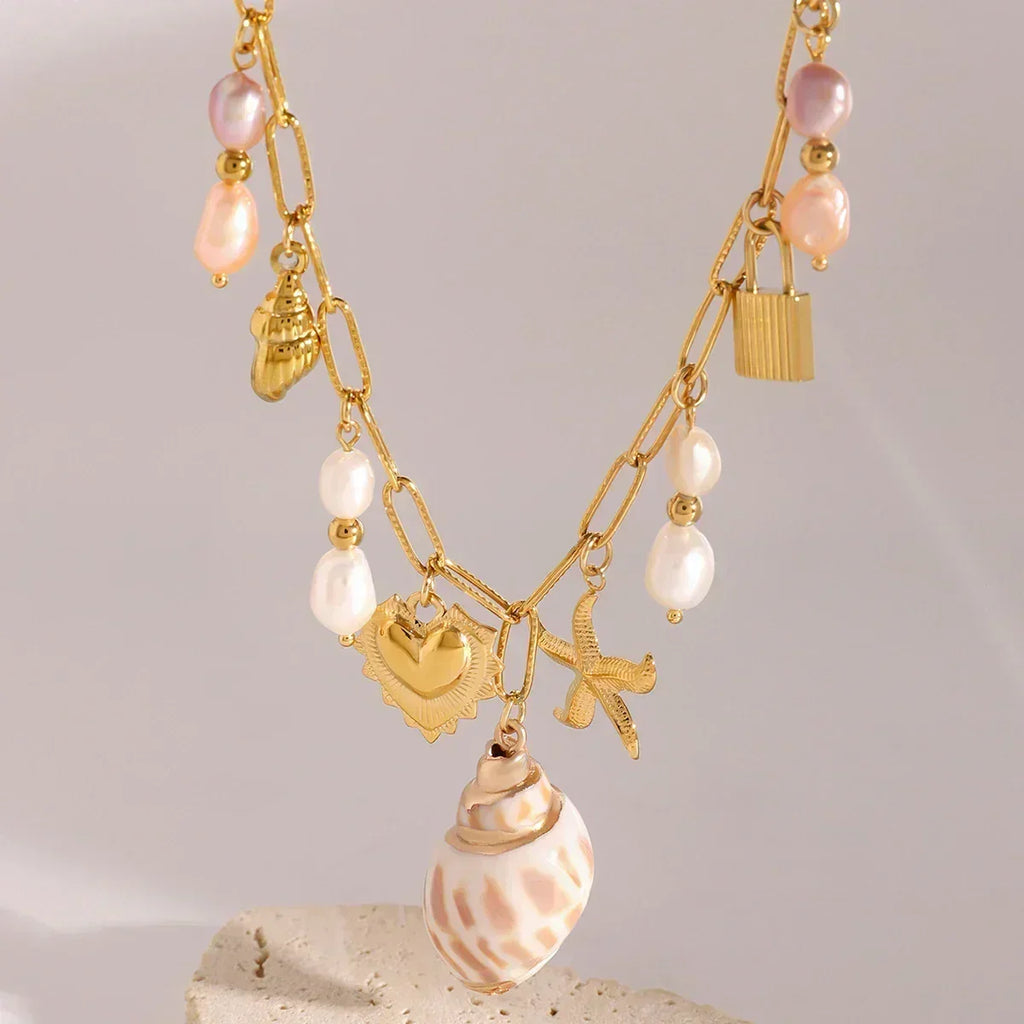Collier pendentif conque Zora style vacances d'été colorées, pour femme, en acier inoxydable plaqué or 18 carats, multi-breloques, bijoux de mode