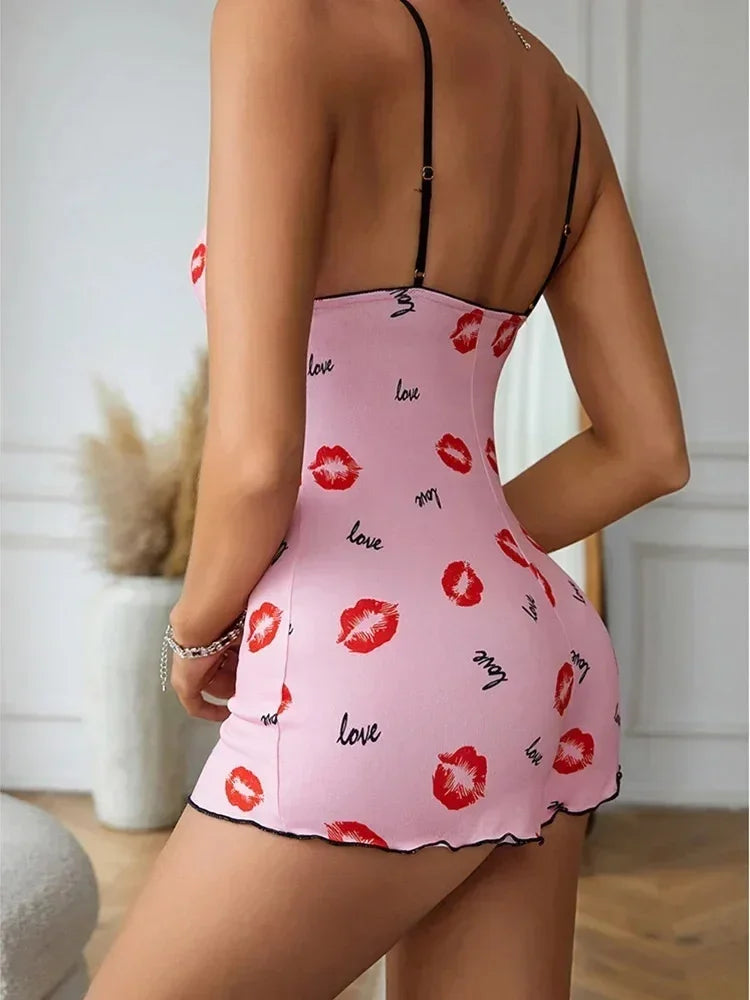 Pyjama une pièce pour femme, pyjama à lèvres rouges imprimées, sans manches, barboteuse courte, pyjama amusant pour adultes, col en V, bretelles, body