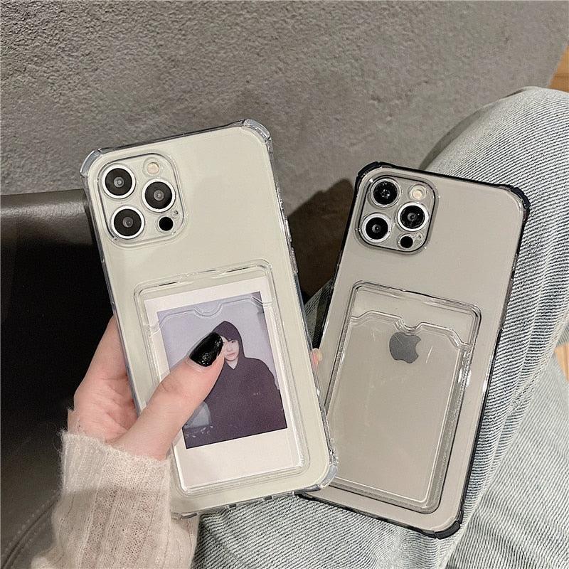 Étui transparent porte-cartes pour iPhone 13 11 12 14 Pro Max Mini Coque souple antichoc transparente avec porte-cartes Étui de téléphone transparent avec porte-cartes Coque fine de protection souple antichoc avec porte-cartes