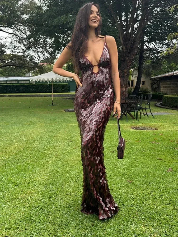 Robes longues Maxi élégantes à paillettes sans manches pour femmes, Robe longue de soirée unie à col en V profond et mode