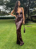 Robes longues Maxi élégantes à paillettes sans manches pour femmes, Robe longue de soirée unie à col en V profond et mode