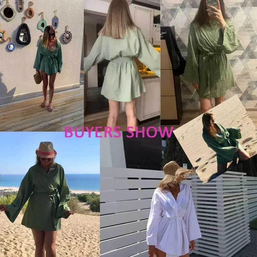 Cardigan Kimono Col V Femme, Robe Courte en Coton et Lin à Manches Longues, avec Ceinture, Style Robe de Chambre, Lacets, Été, Ample, Vestidos