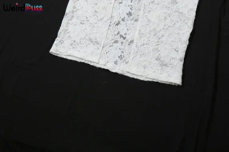 Weird Puss Broderie Volants Robe Femmes Sexy Col V Profond Fentes Transparent Uni Gland Poignets Pétale Street Élégance Vestidos