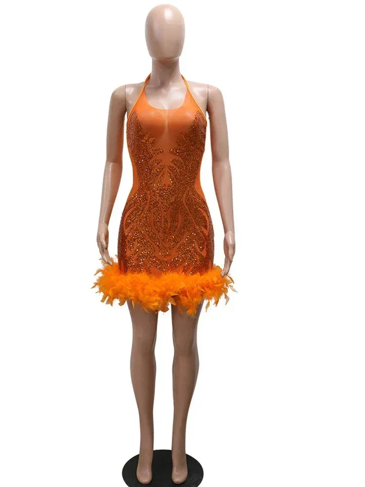 Beyprern Belle robe Glamour en maille à sequins et plumes, robe de soirée de luxe scintillante sans manches pour femme, tenues d'anniversaire