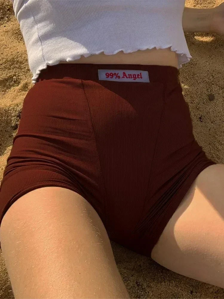 Shorts motard en tricot côtelé noir pour femmes, broderie lettre blanche, taille haute décontractée, style streetwear