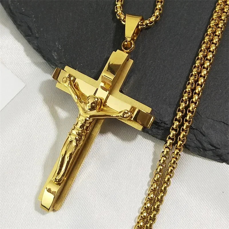 Collier pendentif croix de Jésus pour hommes en acier inoxydable couleur or, chaîne gourmette de café, bijoux chrétiens
