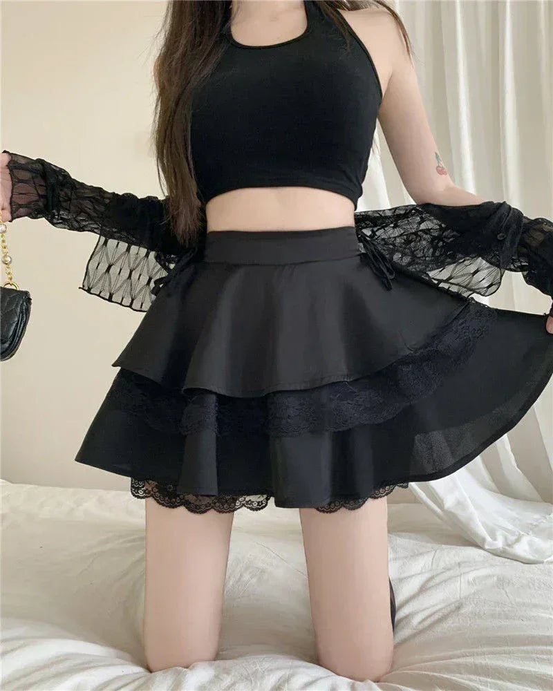 Mini-jupe Y2K Unie pour Femme, Taille Haute, Dentelle Patchwork, Robe de Bal, Mode, Volants, Jupe Féminine, Tout-assortie, Été