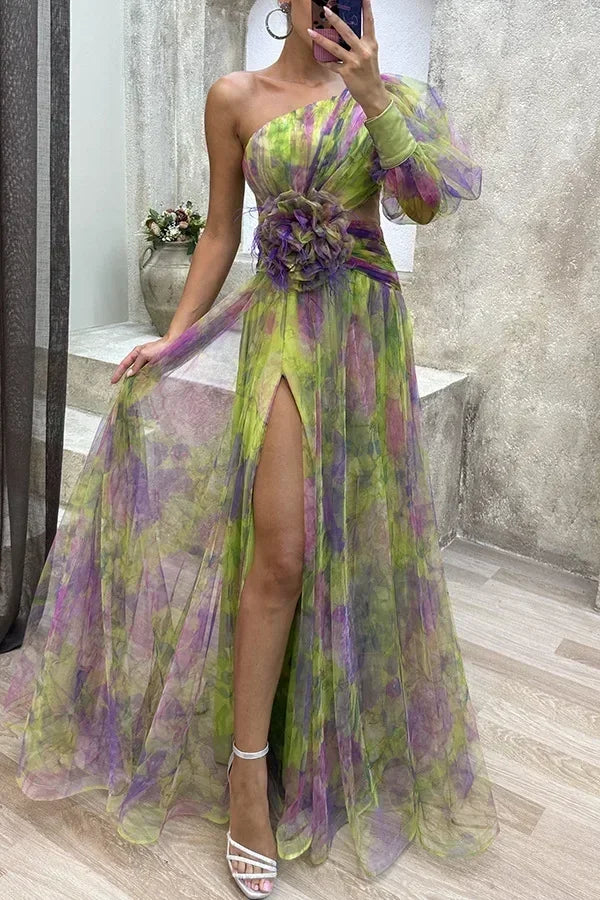 Robe longue en maille fendue haute à glissière asymétrique à épaule dénudée pour femme, robe de soirée à fleurs décoratives