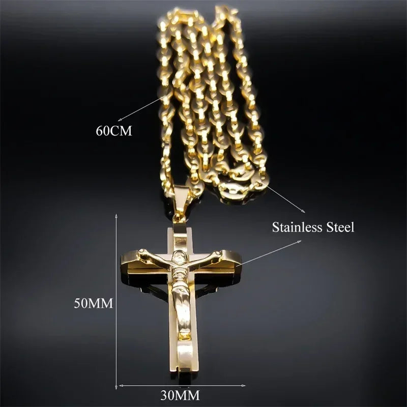 Collier pendentif croix de Jésus pour hommes en acier inoxydable couleur or, chaîne gourmette de café, bijoux chrétiens