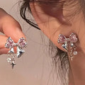 Nouvelles boucles d'oreilles clous Zircon Bowknot Y2K pour femmes Mode coréenne Couleur argent Cristal rose Boucles d'oreilles personnalisées Bijoux de fête Cadeaux