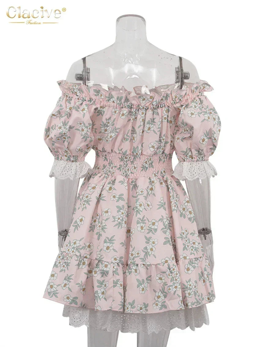 Clacive Robe d'été mince imprimée pour femme, à la mode, col slash, manches courtes, mini robes élégantes, taille haute, patchwork, robe féminine