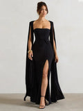Mozision Robe longue fendue à manches cape pour femme, élégante robe de soirée longue à col carré, couleur unie, nouvelle collection