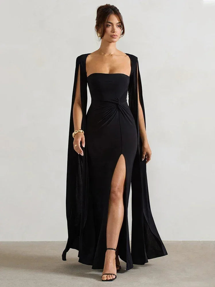 Mozision Robe longue fendue à manches cape pour femme, élégante robe de soirée longue à col carré, couleur unie, nouvelle collection