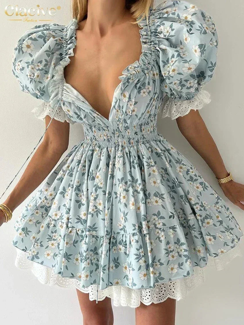Clacive Robe d'été mince imprimée pour femme, à la mode, col slash, manches courtes, mini robes élégantes, taille haute, patchwork, robe féminine