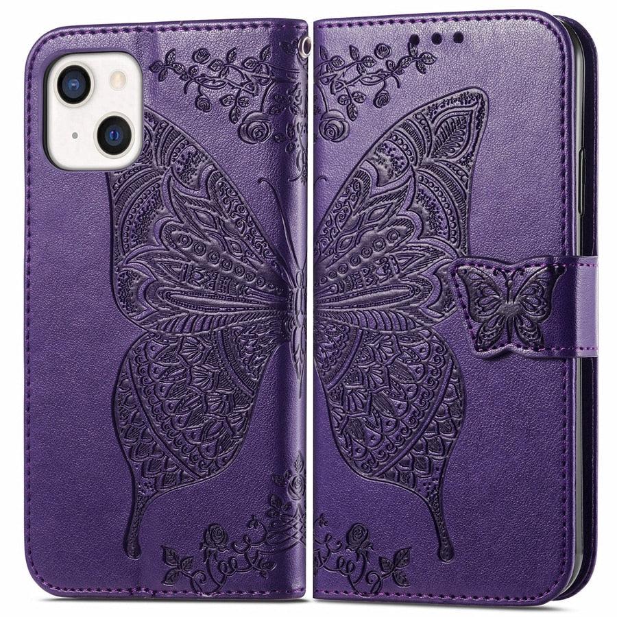 Étui Portefeuille de Luxe Rose Papillon Fleur pour iPhone 14 Pro Max 13 12 Classique Simple Cuir avec Porte-Cartes Béquille Dragonne Rabat pour iPhone