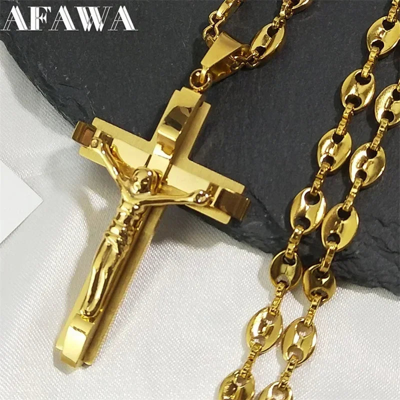 Collier pendentif croix de Jésus pour hommes en acier inoxydable couleur or, chaîne gourmette de café, bijoux chrétiens
