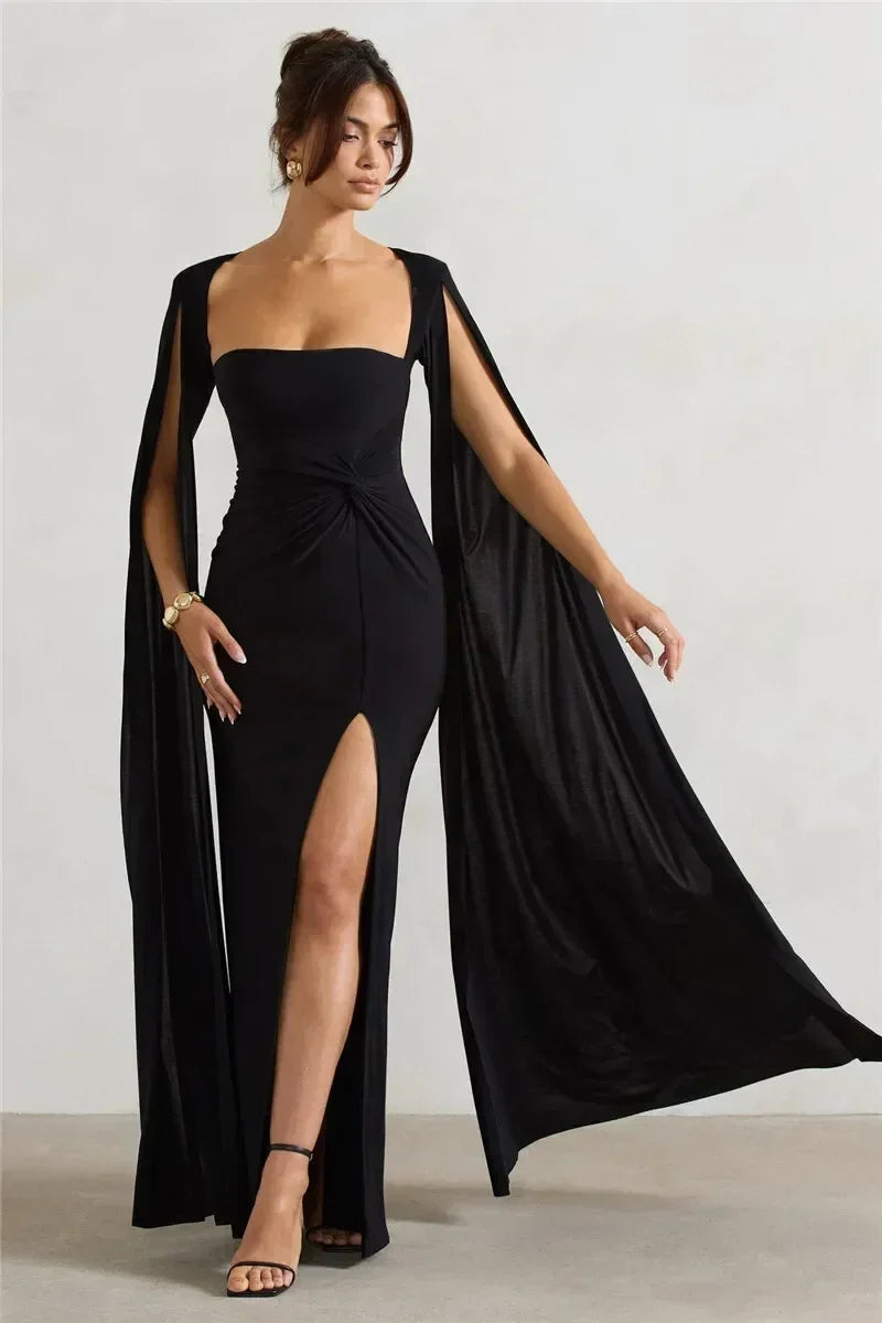 Mozision Robe longue fendue à manches cape pour femme, élégante robe de soirée longue à col carré, couleur unie, nouvelle collection