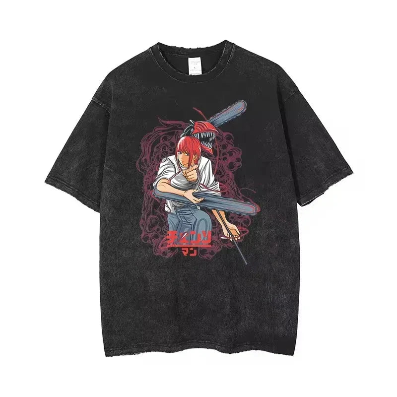 🪚 T-Shirt Graphique Vintage Délavé Chainsaw Man – Streetwear Harajuku