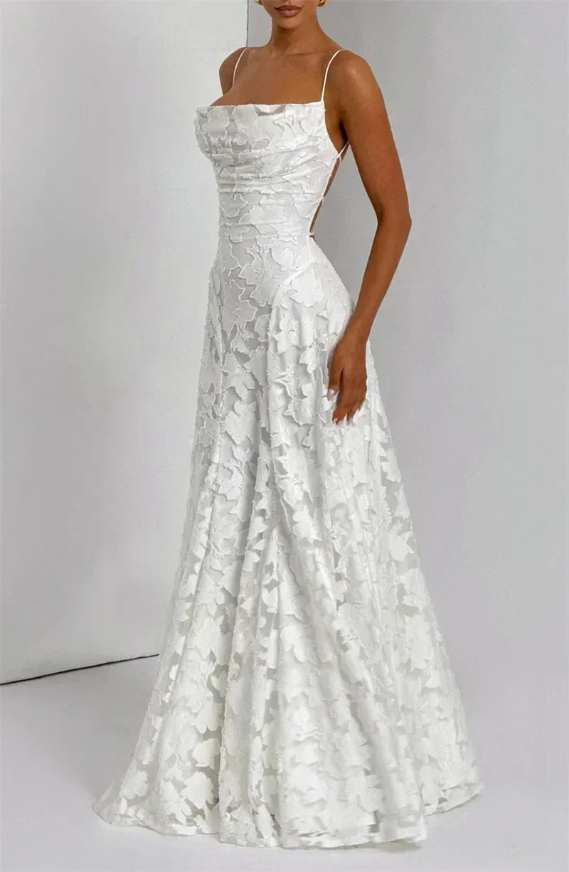 Mozision Robe longue sexy dos nu à fines bretelles pour femme, robe de soirée élégante épaules dénudées sans manches avec lacets pour club et soirée