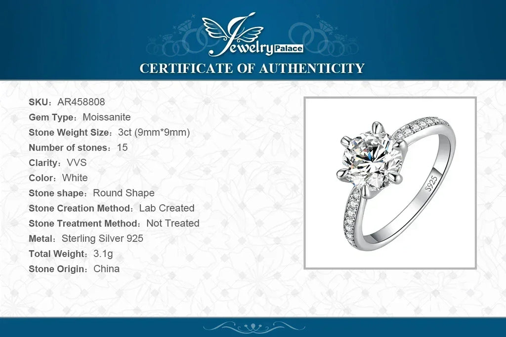 JewelryPalace Bague de fiançailles en argent sterling S925, couleur D, moissanite ronde de 0,5 carat, 1 carat, 1,5 carat, 2 carats, 3 carats pour femme