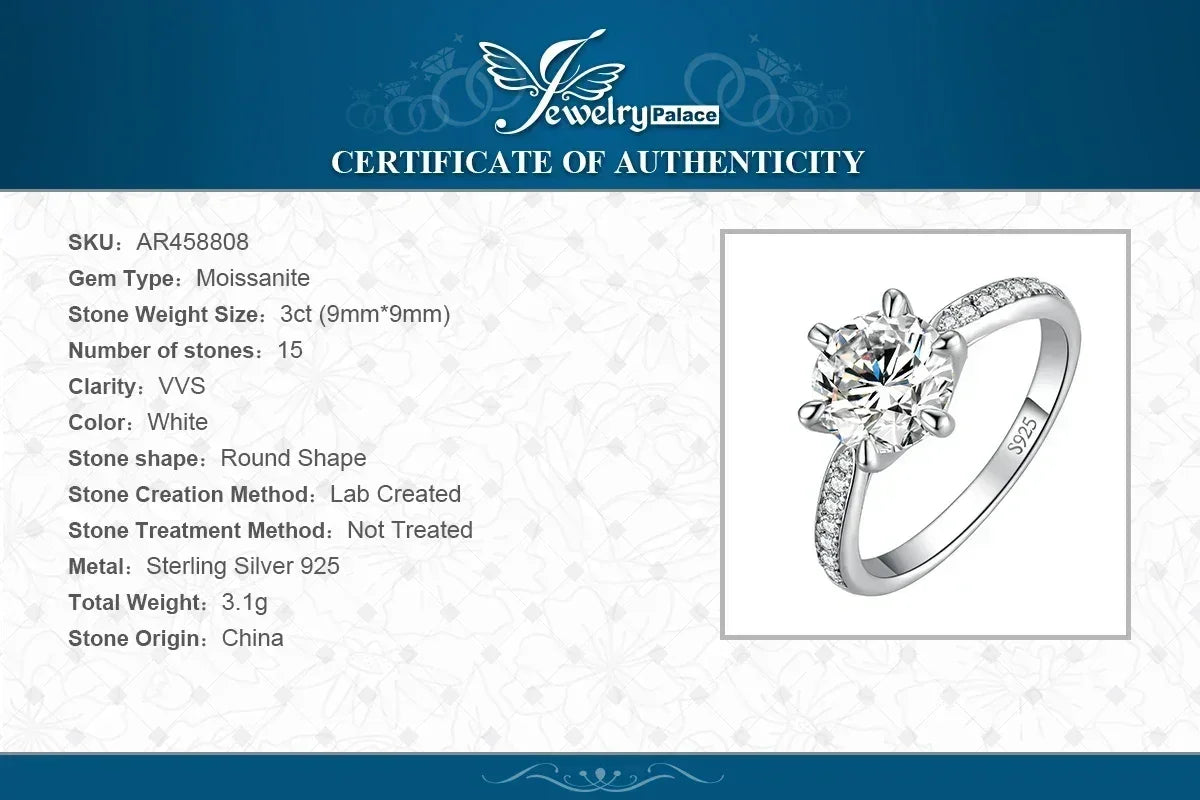 JewelryPalace Bague de fiançailles en argent sterling S925, couleur D, moissanite ronde de 0,5 carat, 1 carat, 1,5 carat, 2 carats, 3 carats pour femme