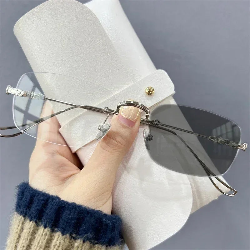 Nouvelles Lunettes de Myopie Photochromiques Tendance Vintage Sans Monture Carrées Femme Homme Anti Lumière Bleue UV Lunettes de Soleil Optiques Dioptre
