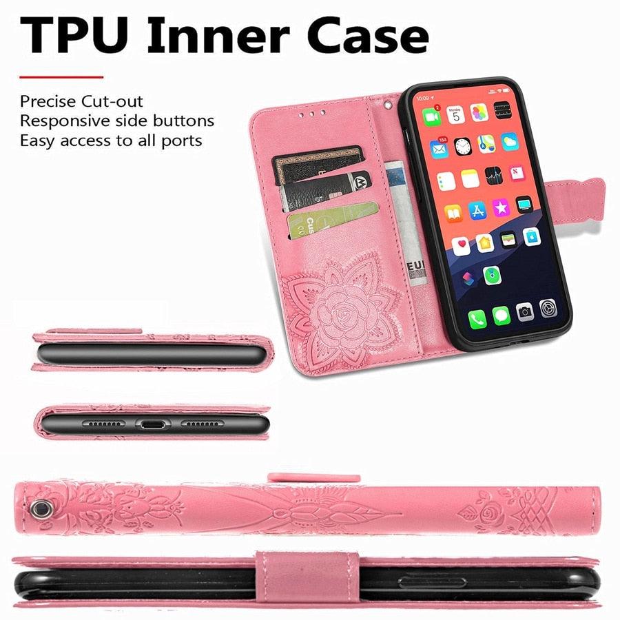 Étui Portefeuille de Luxe Rose Papillon Fleur pour iPhone 14 Pro Max 13 12 Classique Simple Cuir avec Porte-Cartes Béquille Dragonne Rabat pour iPhone