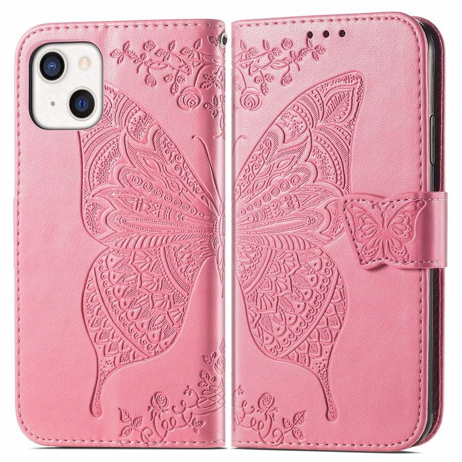 Étui Portefeuille de Luxe Rose Papillon Fleur pour iPhone 14 Pro Max 13 12 Classique Simple Cuir avec Porte-Cartes Béquille Dragonne Rabat pour iPhone