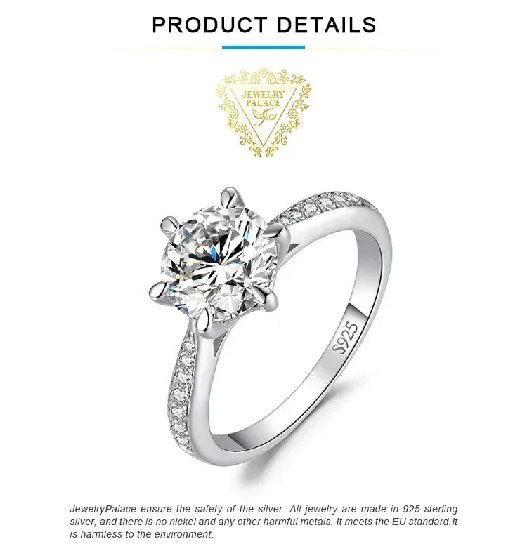 JewelryPalace Bague de fiançailles en argent sterling S925, couleur D, moissanite ronde de 0,5 carat, 1 carat, 1,5 carat, 2 carats, 3 carats pour femme