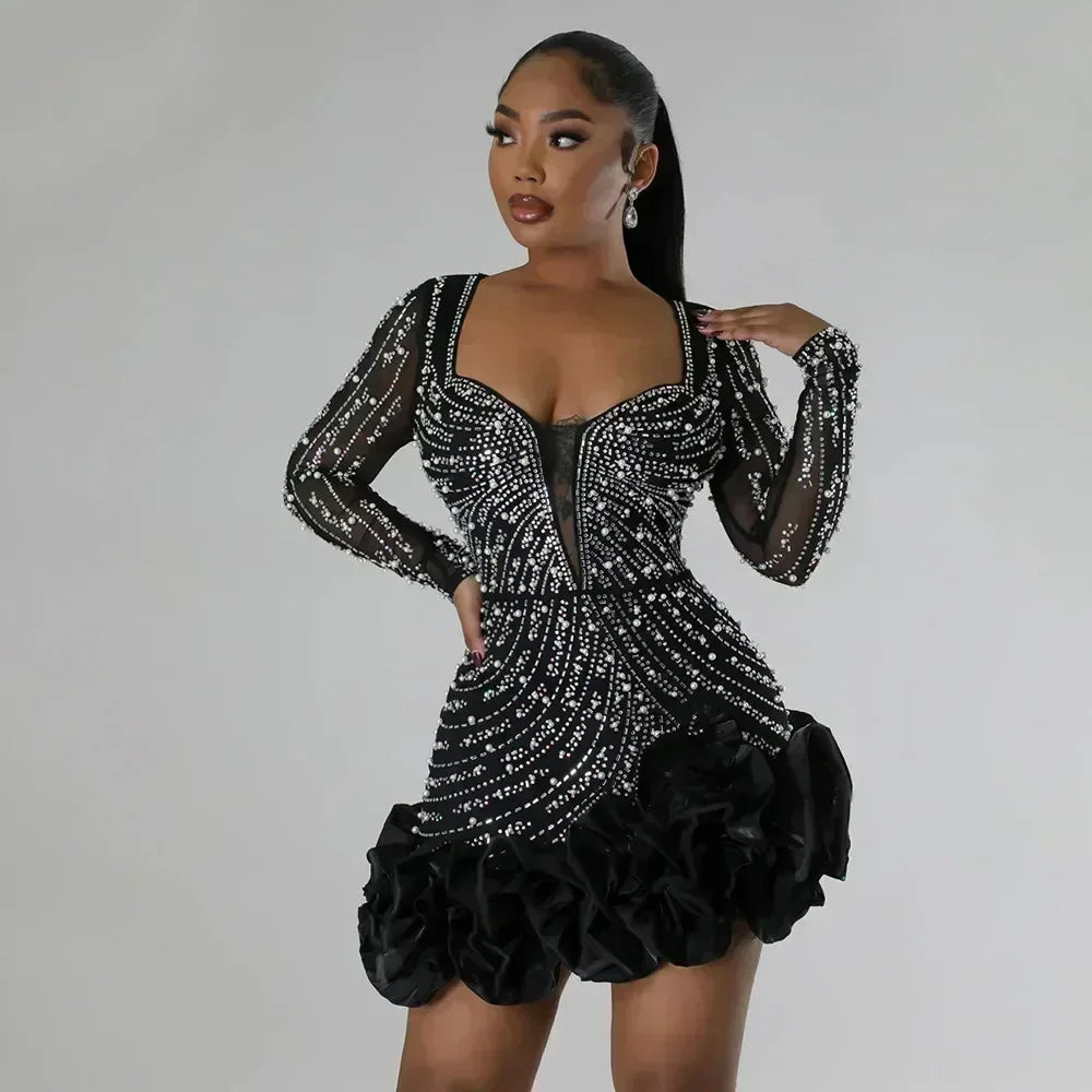 Robes de soirée 2025 Perles Diamants Manches Longues Volants pour femmes Robe de bal brillante élégante pour invitée de mariage Occasion Célébration Anniversaire