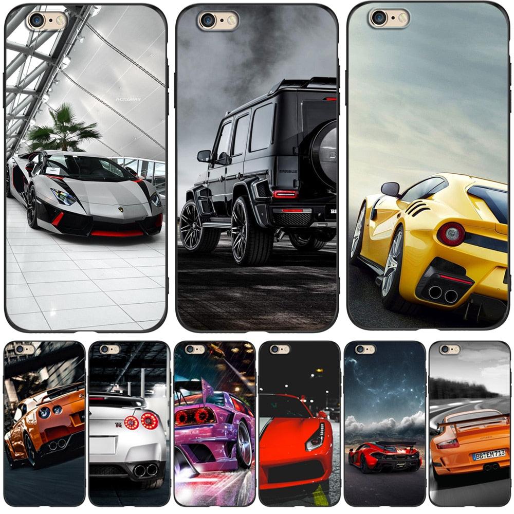 Jolie Coque Souple en Silicone Imprimé Voitures Étui de Téléphone pour iPhone 5s 5 S SE 2016 4.0" Housse de Téléphone pour iPhone 6s 6 S Plus Funda Pare-chocs Noir Étui Voiture de Course Sportive