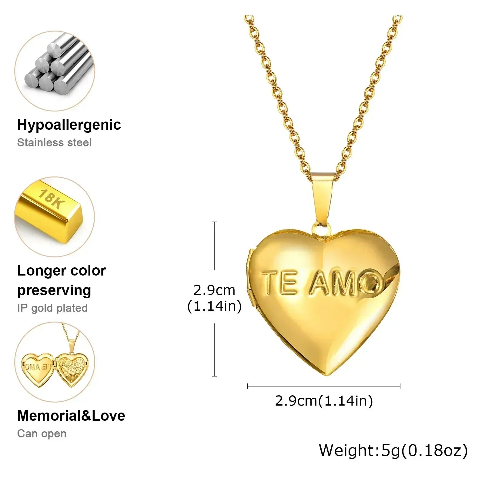 Vnox Collier pendentif en acier inoxydable avec médaillon en forme de cœur et cadre photo, design élégant plaqué or, cadeau pour femme