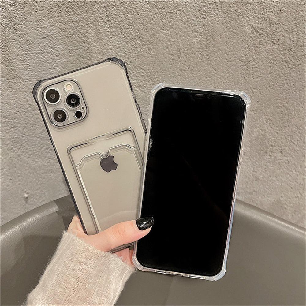 Étui transparent porte-cartes pour iPhone 13 11 12 14 Pro Max Mini Coque souple antichoc transparente avec porte-cartes Étui de téléphone transparent avec porte-cartes Coque fine de protection souple antichoc avec porte-cartes