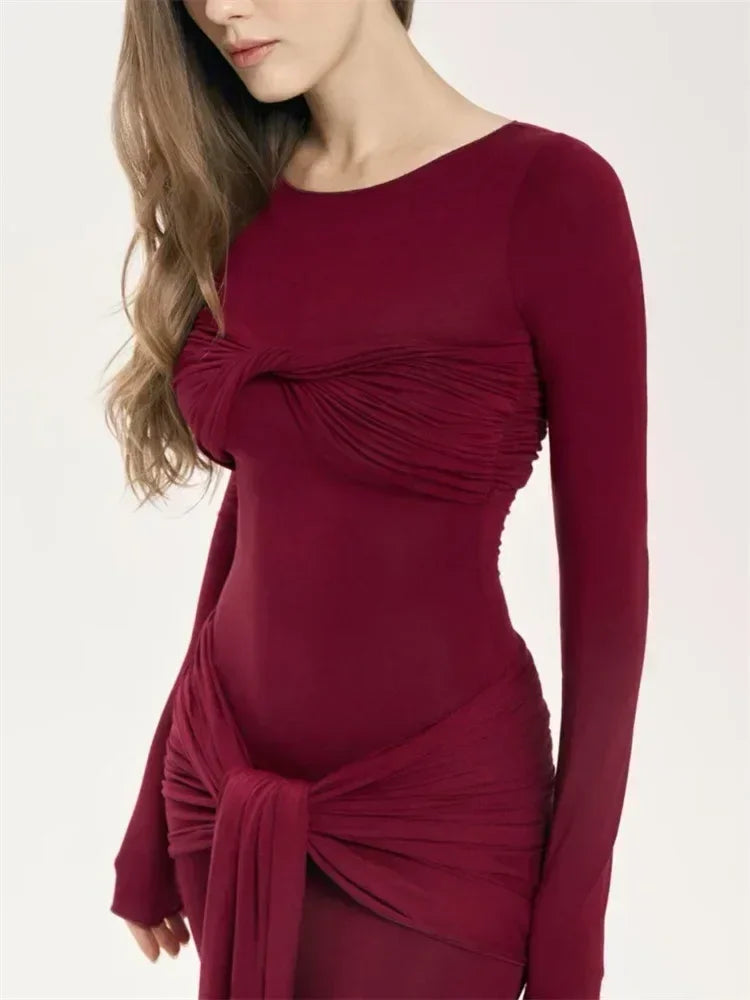 Robe longue plissée sexy pour femme Y2K, robe moulante de rue d'automne, robe patchwork torsadée à manches longues unies pour femme
